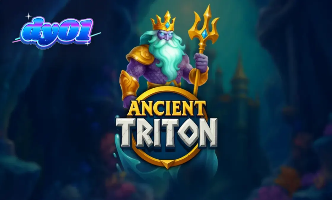 Pemandangan bawah laut yang memukau dalam slot Ancient Triton dengan dewa laut Triton di sisi gulungan.